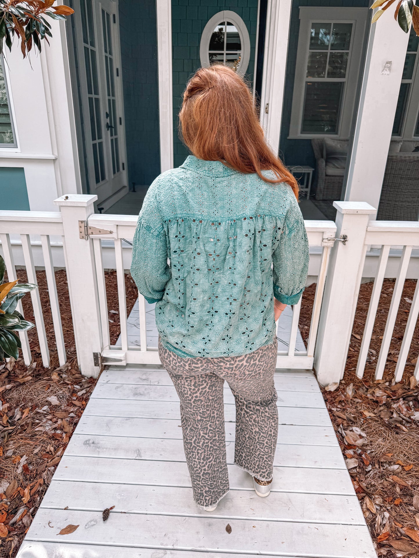 Flower Eyelet Pattern Mineral Washed Button Up