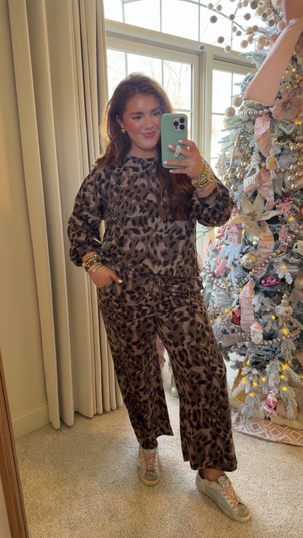 Brown Leopard Print Raw Seam Patchwork Pullover Drawstring Loose Pant Set