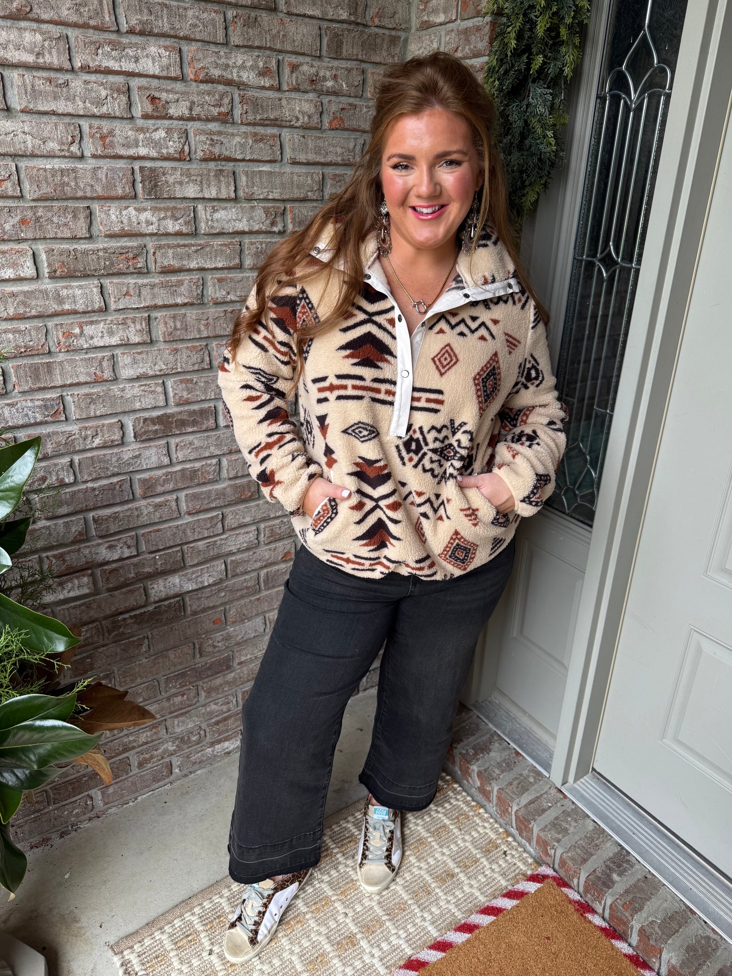 Beige Western Aztec Half Zip Plush Sweatshirt - PREORDER