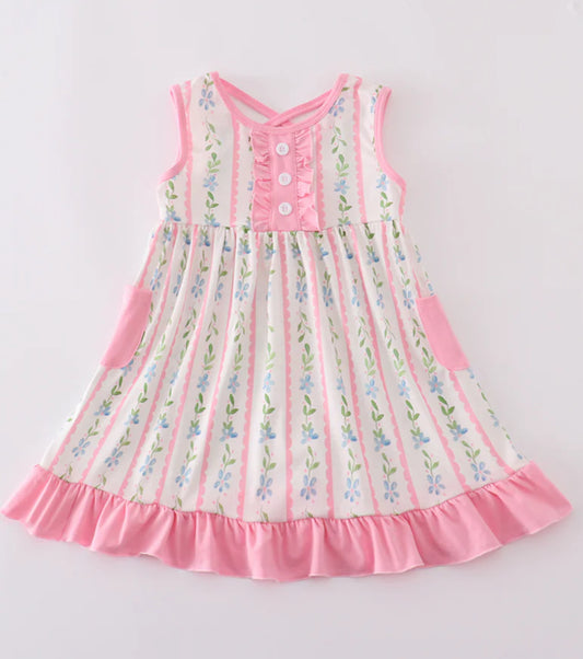 PINK FLORAL PRINT GIRL RUFFLE DRESS