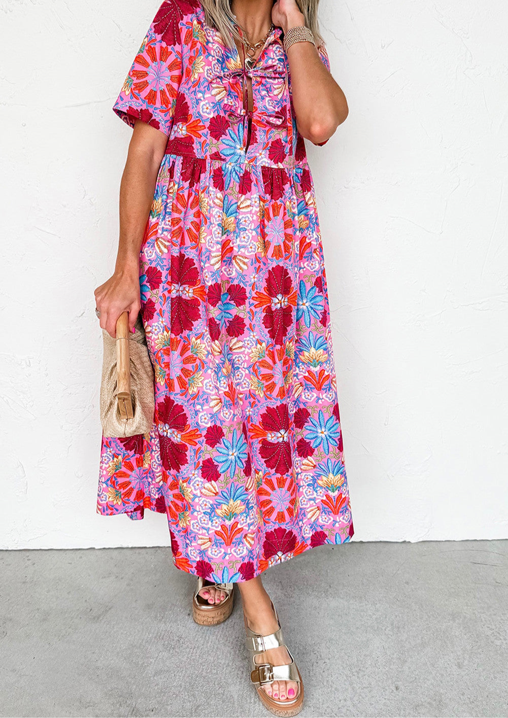 Rose Floral Print Tie High Waist Short Sleeve Loose Long Dress