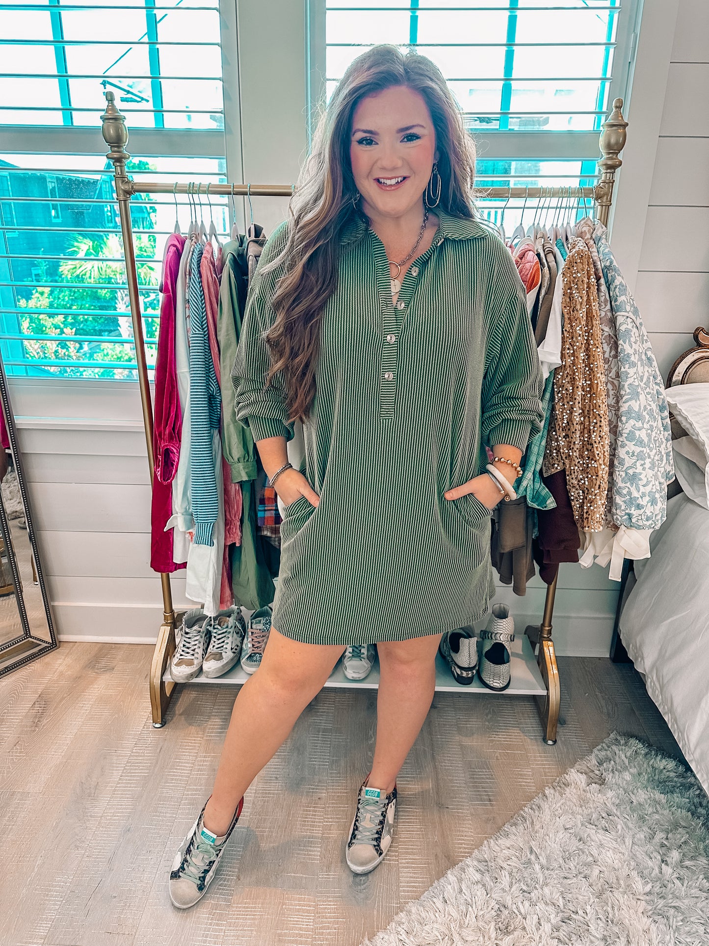 Moss Green Corded Shift Dress