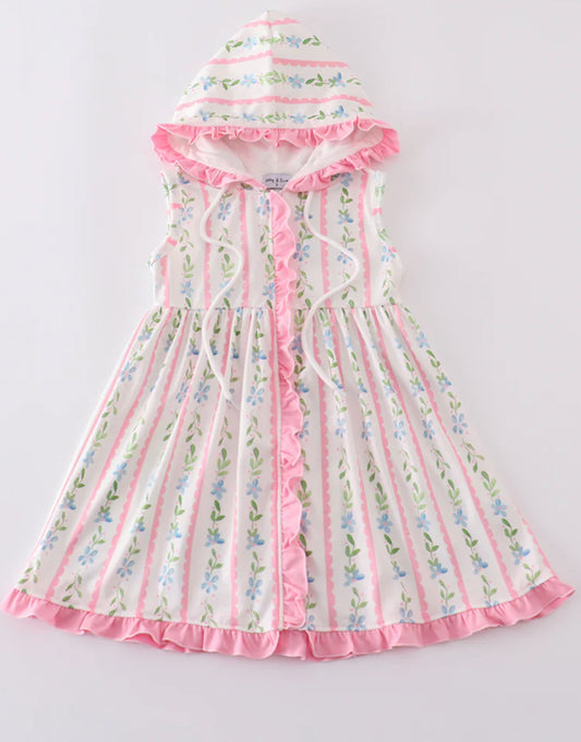 PINK FLORAL PRINT GIRL RUFFLE HOODIE DRESS