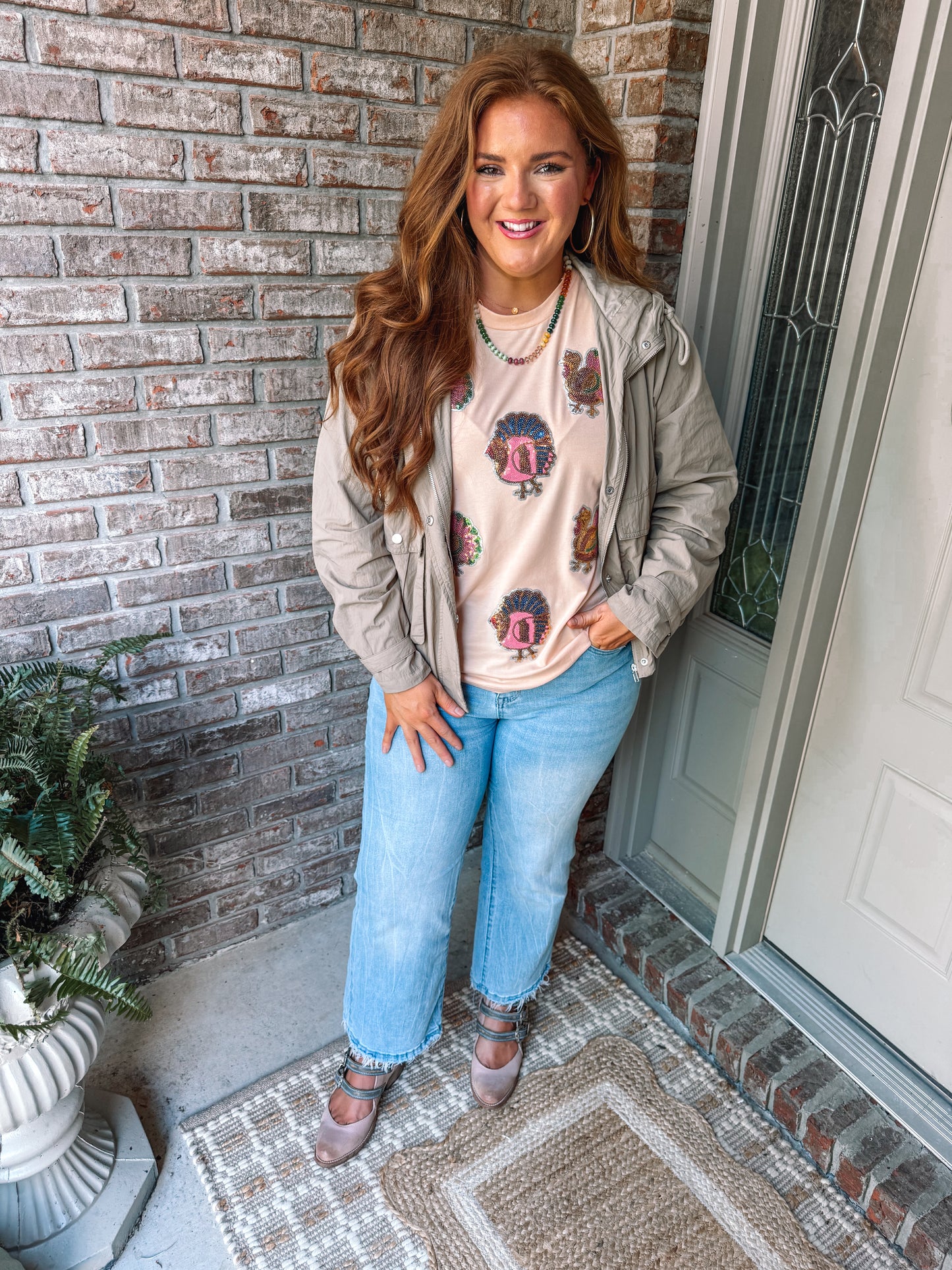 Sequin Turkey Patched Thanksgiving Graphic Tee - PREORDER