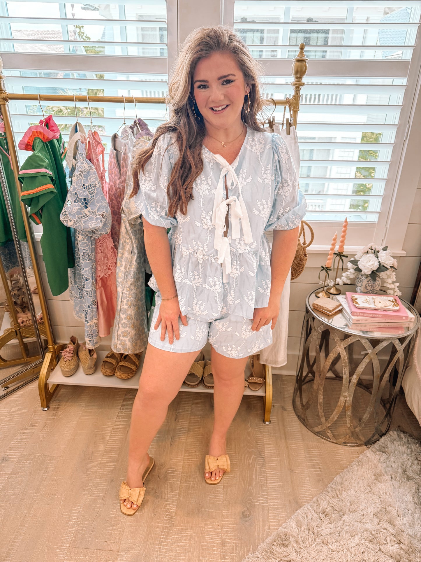 Floral Embroidered Peplum Blouse & Shorts Set