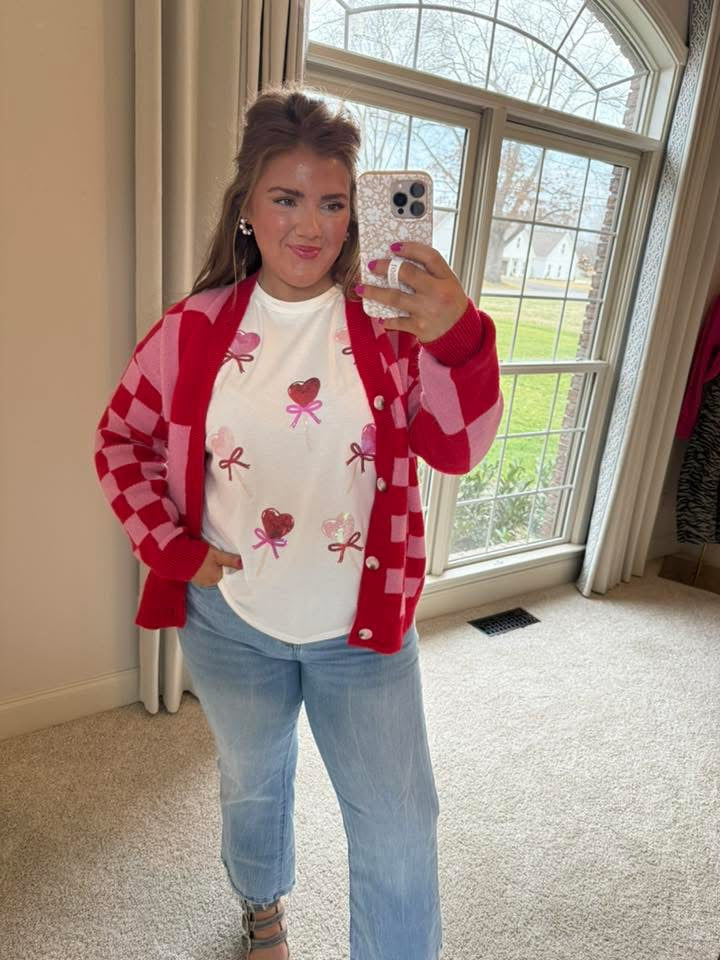 White Sequin Bow Heart Shape Lolly Valentines Day Graphic Tee
