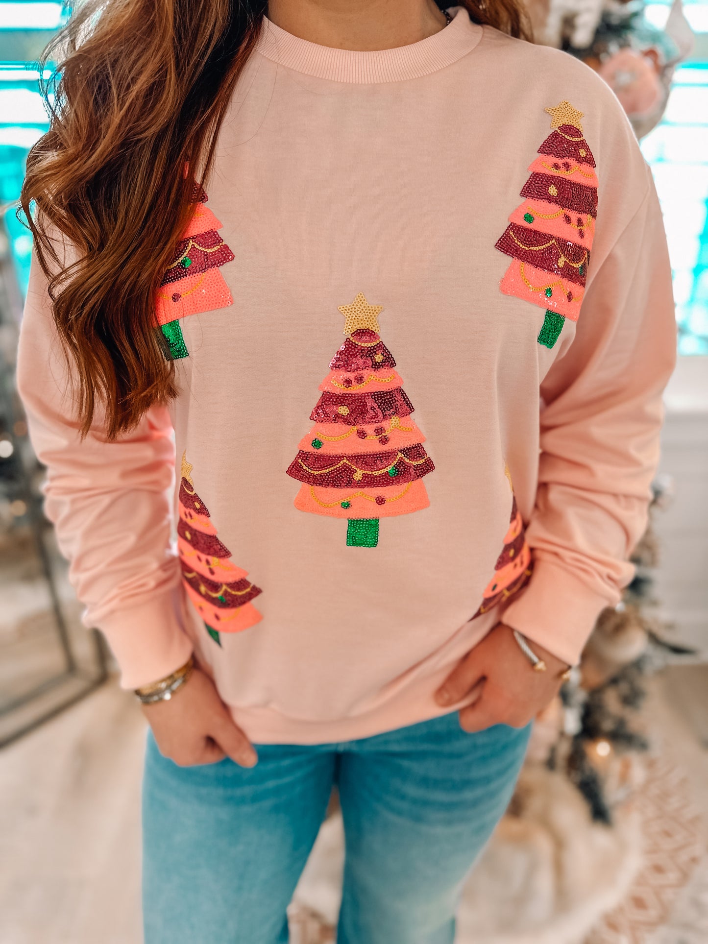 Pink Sequin Christmas Tree Graphic Drop Shoulder Sweatshirt