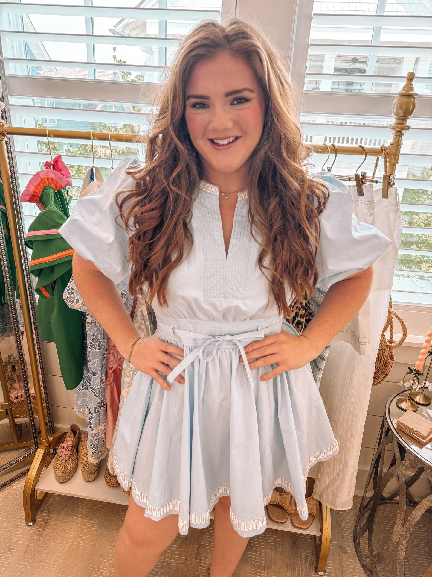 Baby Blue Belted Puff Sleeve Mini Dress