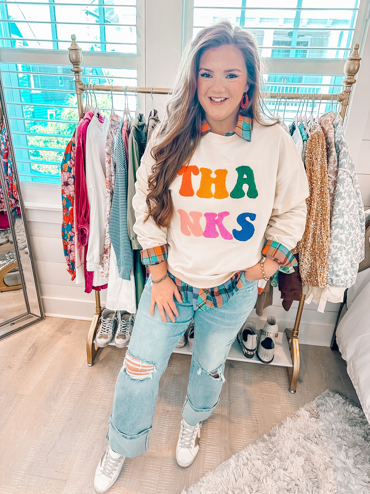 Apricot THANKS Chenille Embroidered Sweatshirt