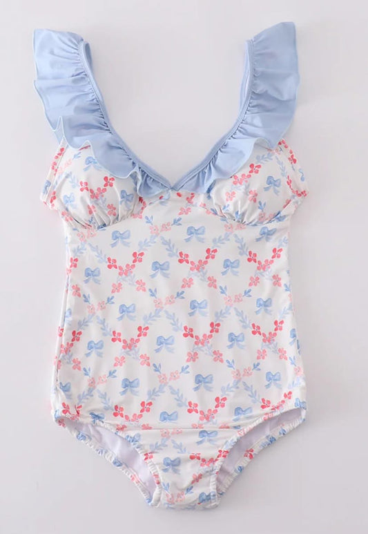BLUE BOW LATTICE PRINT MOM SWIMSUIT