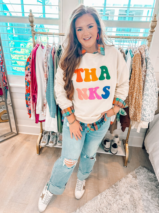 Apricot THANKS Chenille Embroidered Sweatshirt