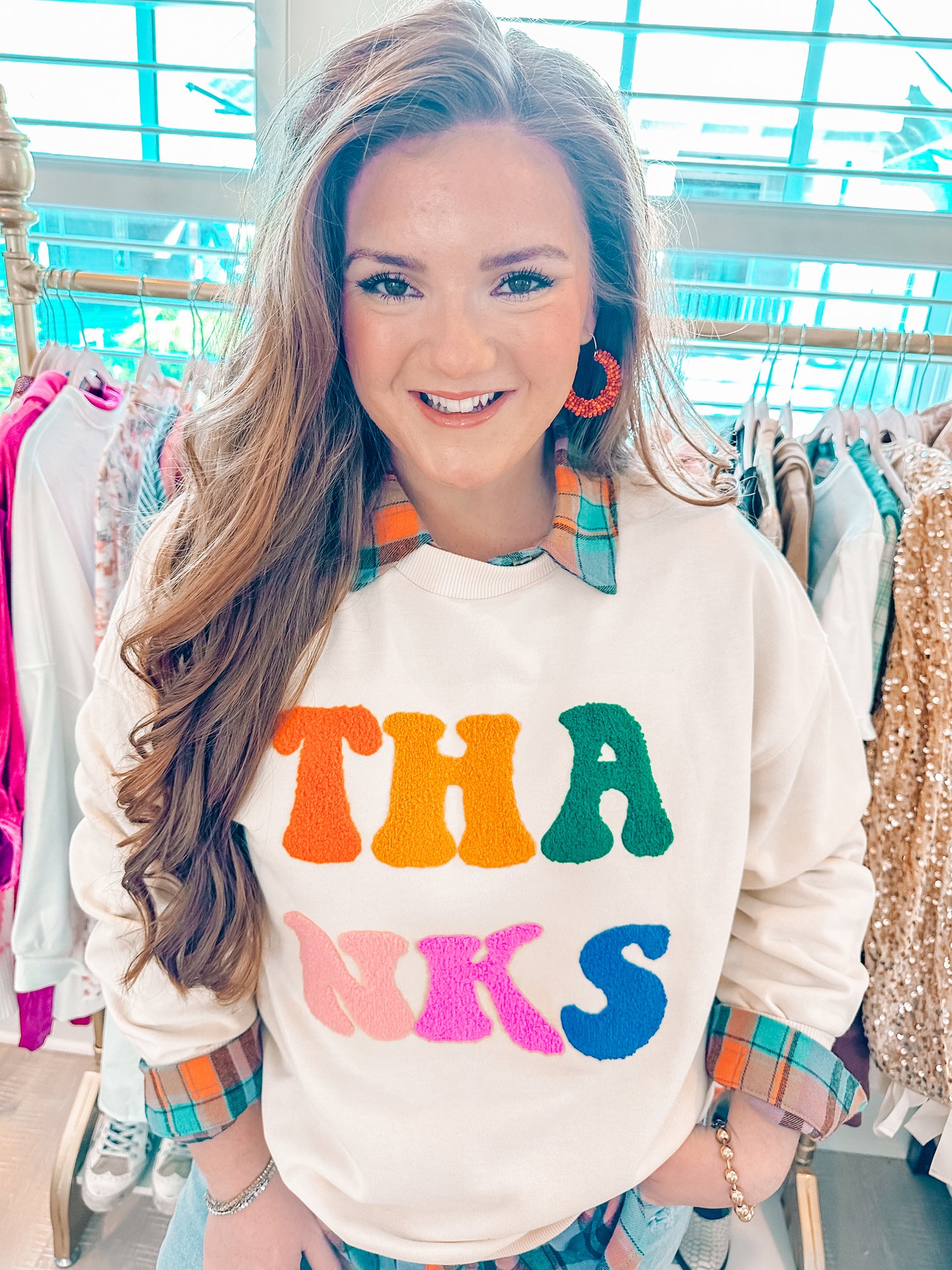 Apricot THANKS Chenille Embroidered Sweatshirt