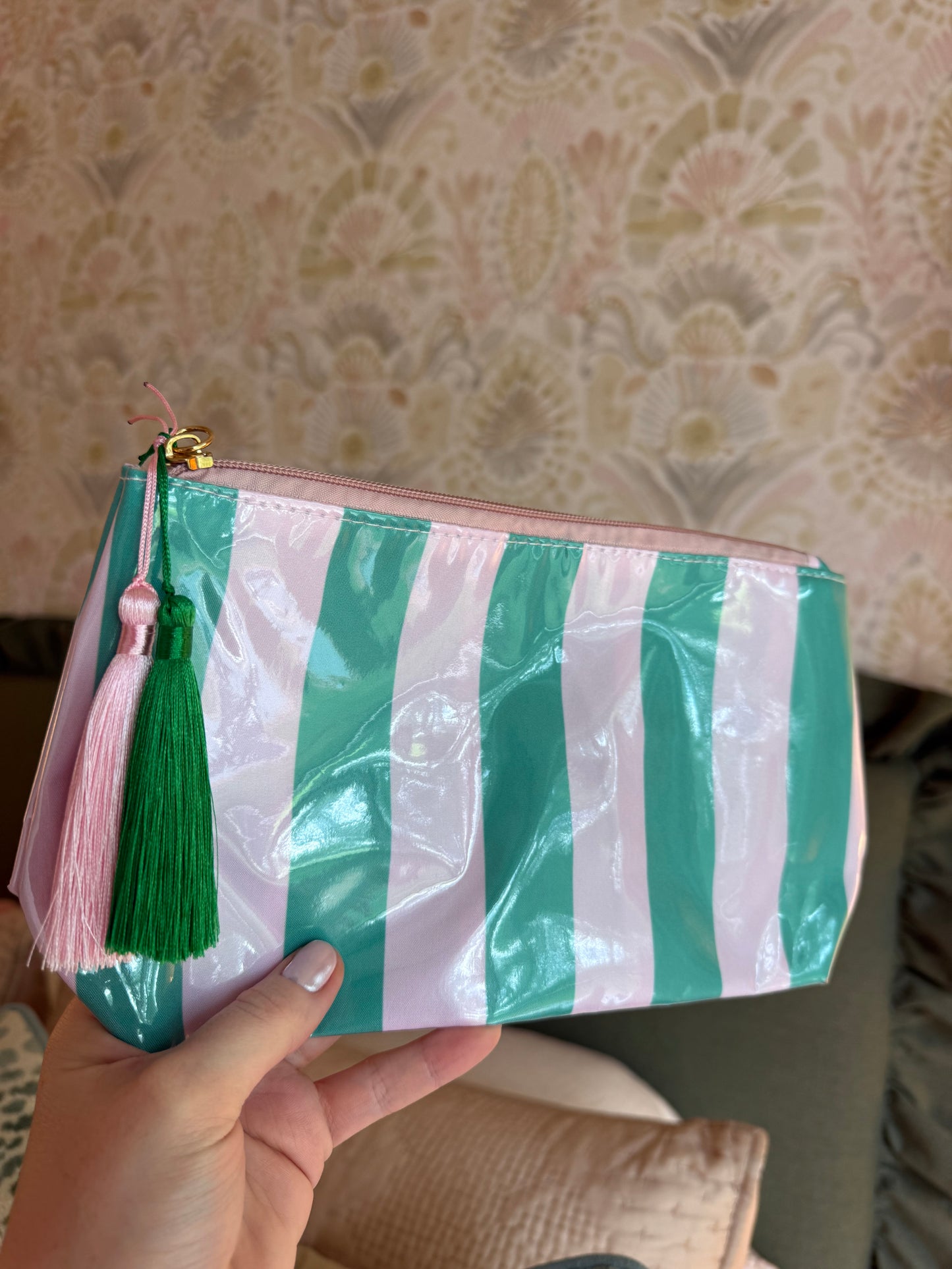 Striped Vinyl Waterproof Tassel Zipper Makeup Bag