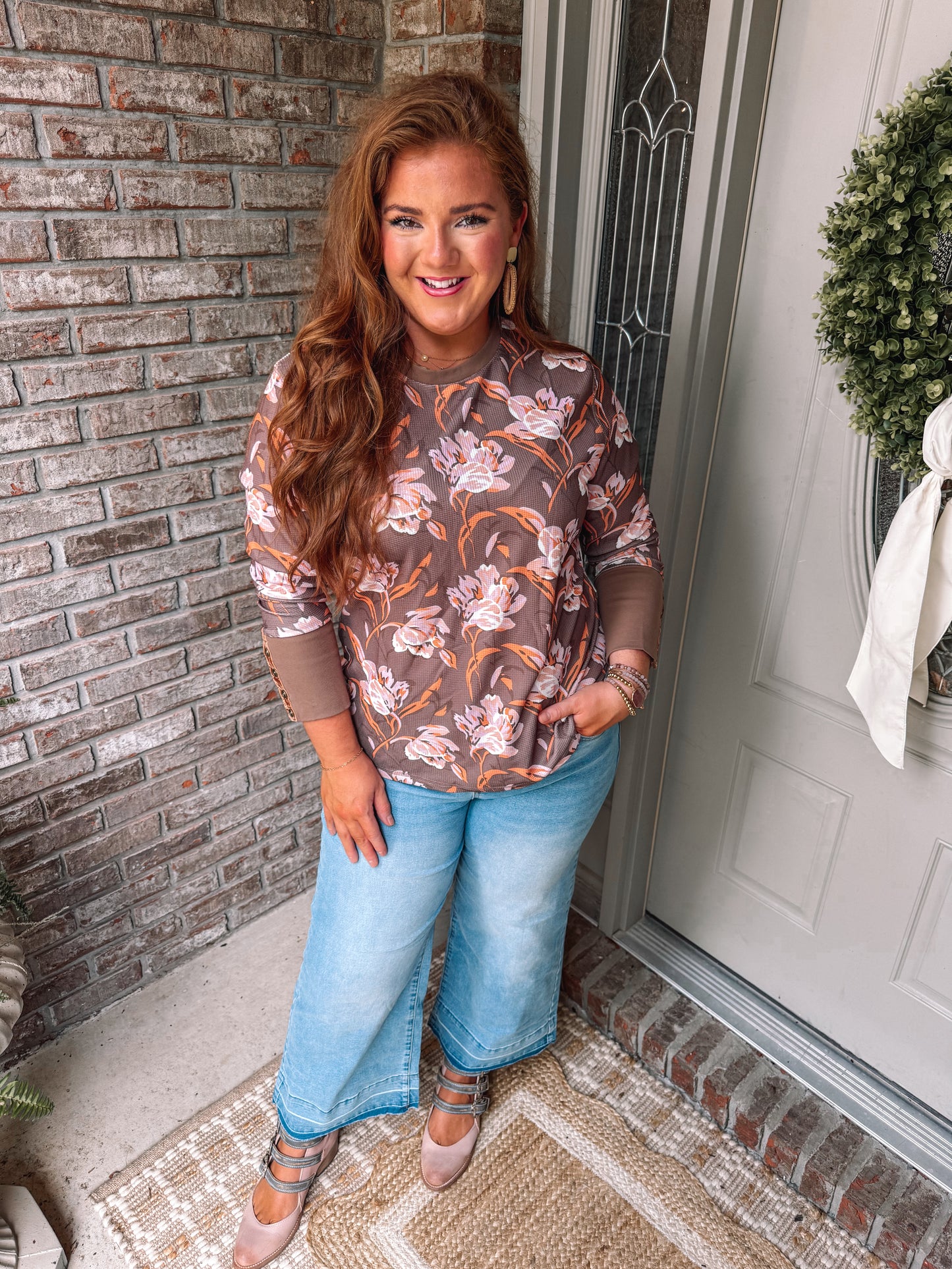 Brown Floral Print Waffle Textured Long Sleeve Top - PREORDER