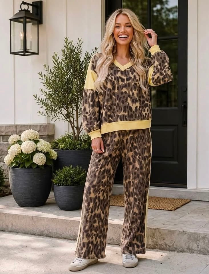 Brown Leopard Print Long Sleeve V-Neck Wide Leg Pant Set - PREORDER