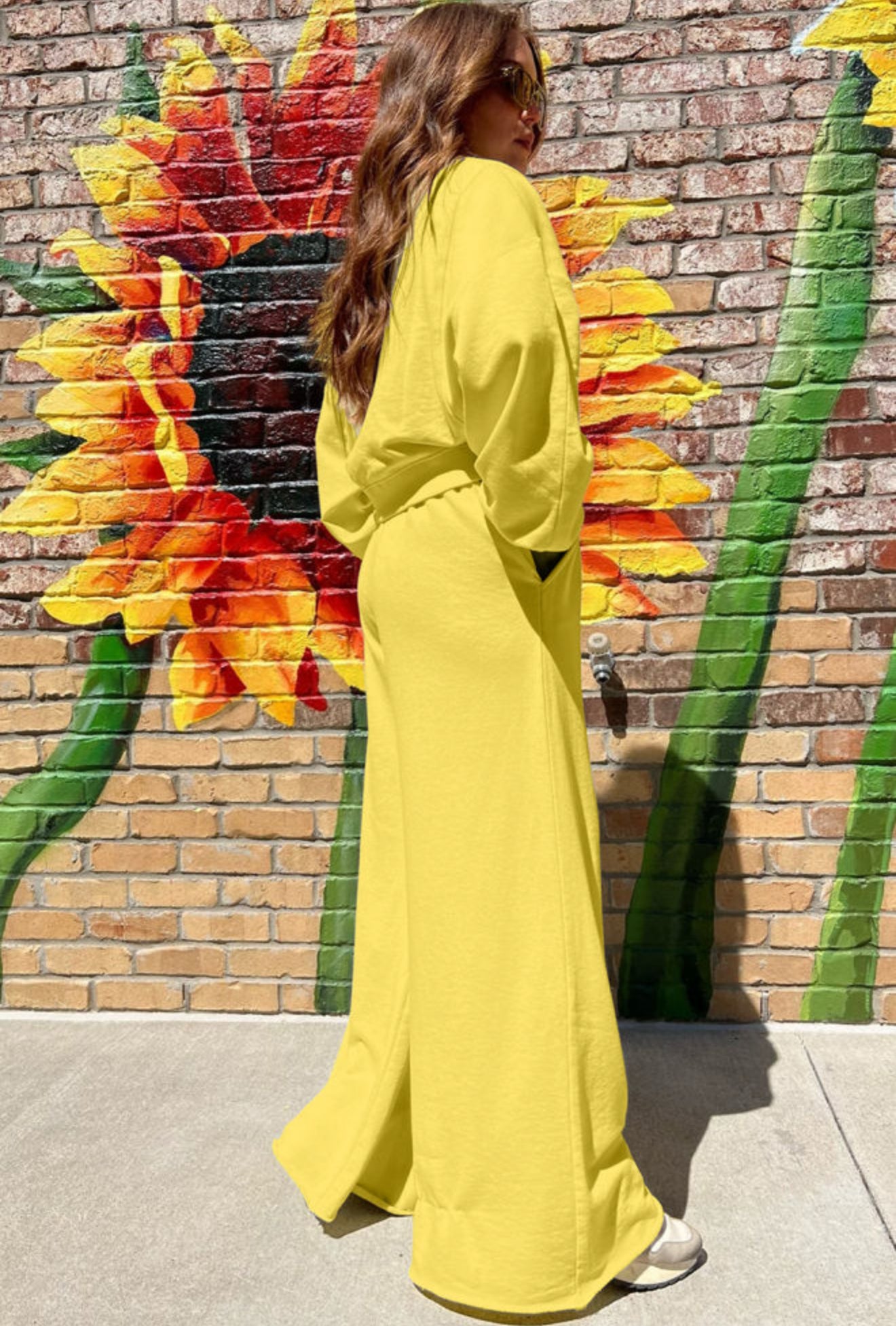 Yellow Cream Drop Shoulder Puff Sleeve Crop Pullover Drawstring Wide Leg Pants Set - PREORDER