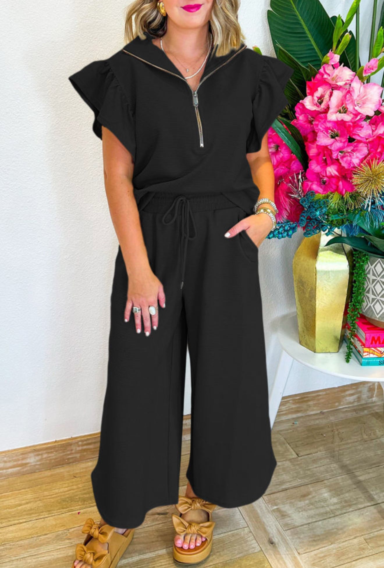Black Textured Ruffled Sleeve Zipped Top and Wide Leg Pants Set - PREORDER