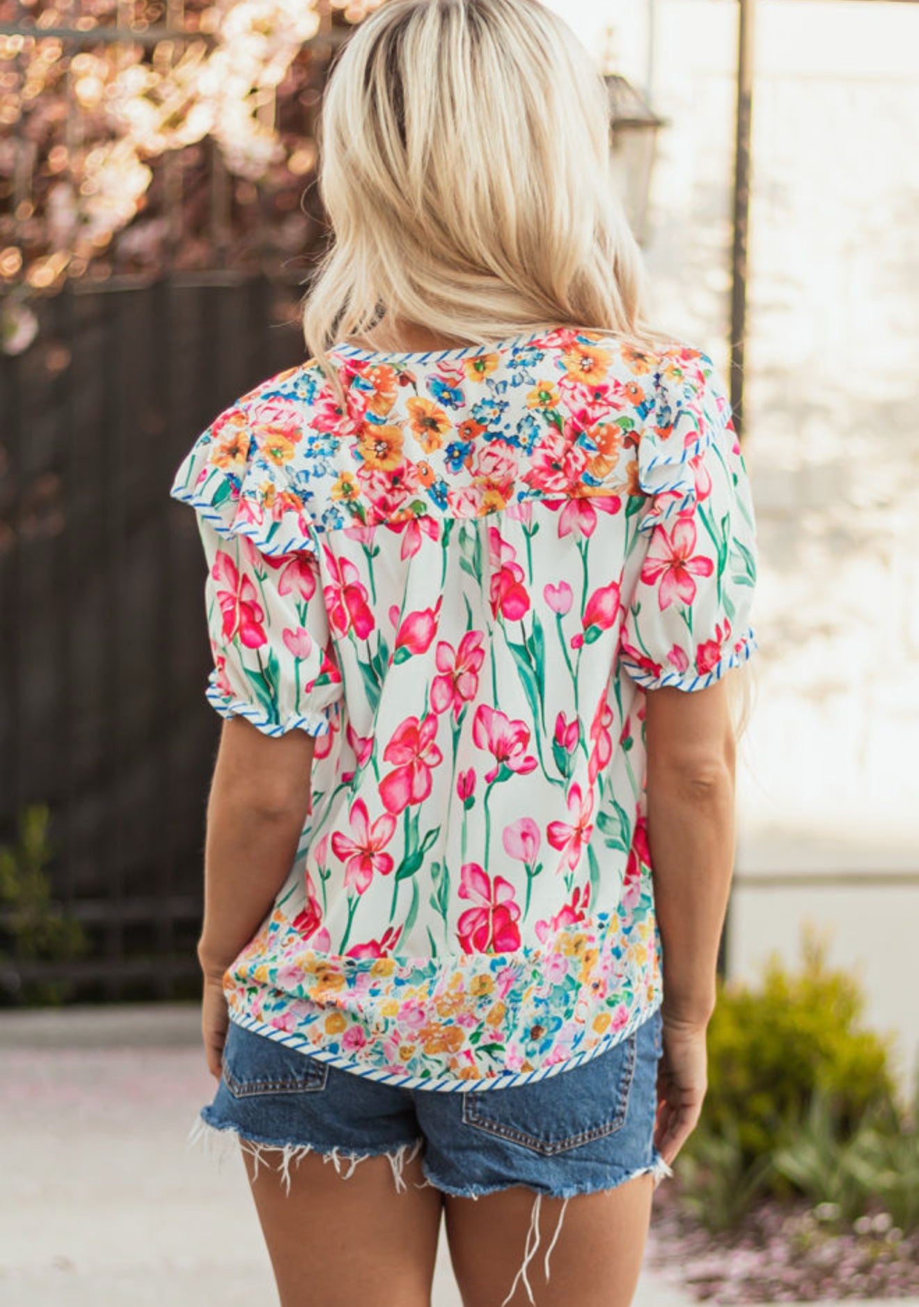 Pink Floral Print Striped Detail Split Neck Short Sleeve Blouse