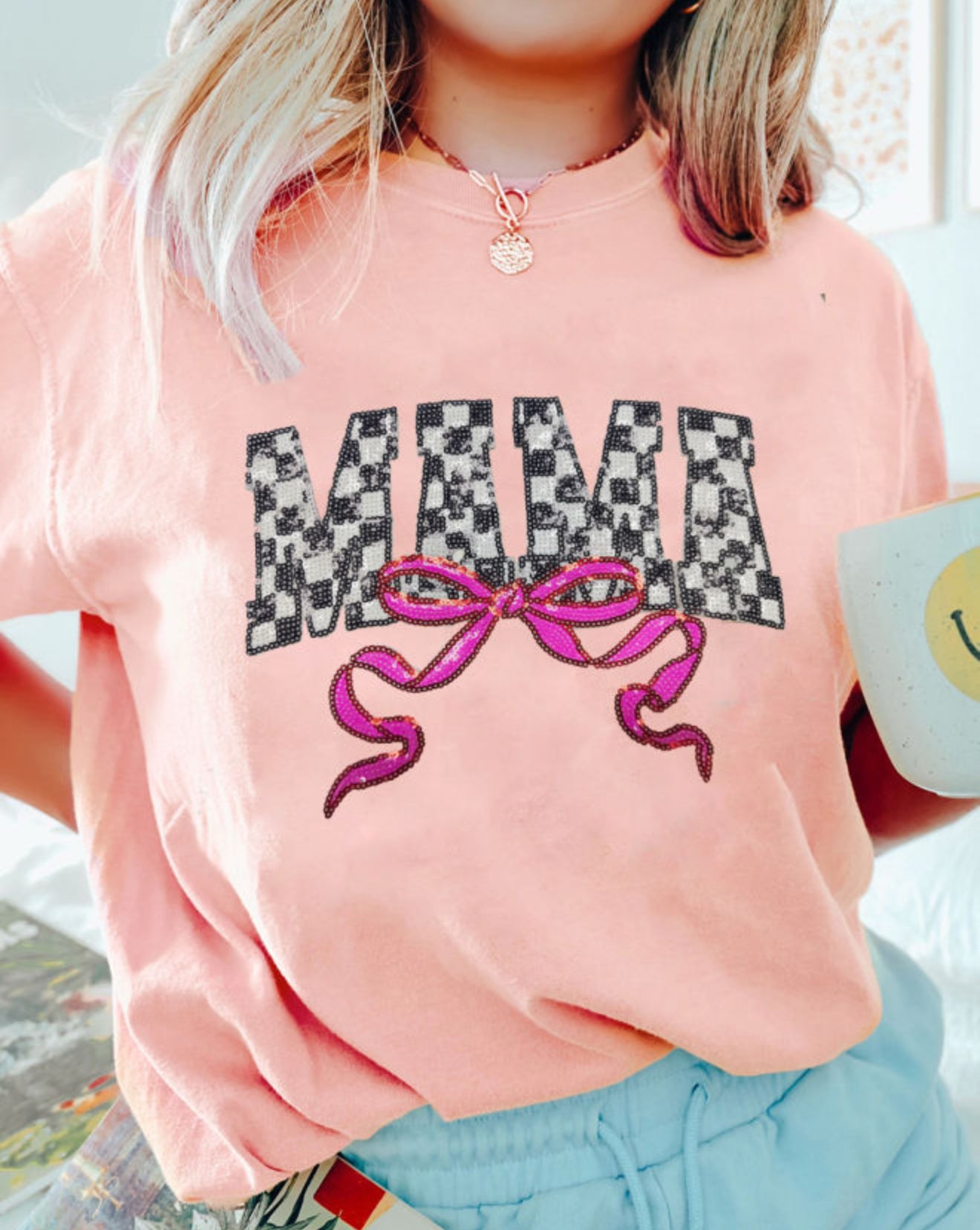 Pink Sequin Checkered MAMA Bow Graphic T Shirt - PREORDER