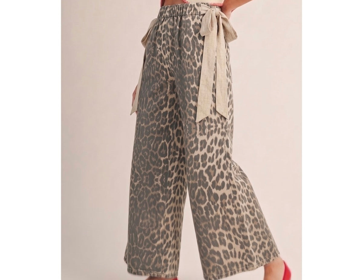 Bohemian Leopard Bow Waist Palazzo Elastic Waist Pants