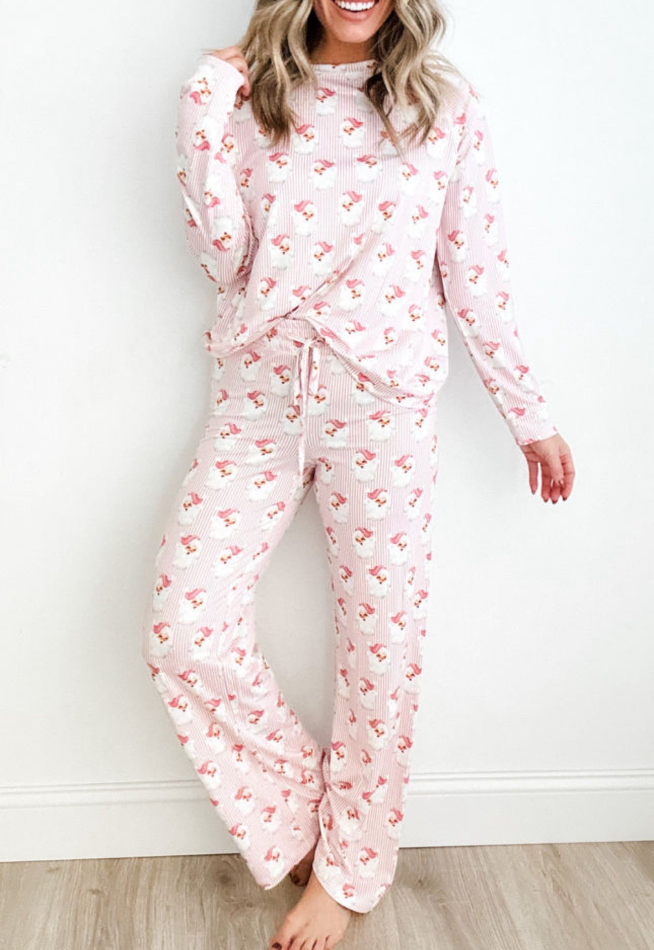 Pink Santa Claus Striped Print Loose Fit Two Piece Lounge Set