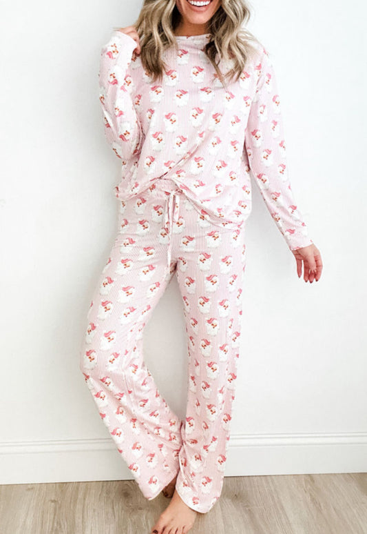 Pink Santa Claus Striped Print Loose Fit Two Piece Lounge Set