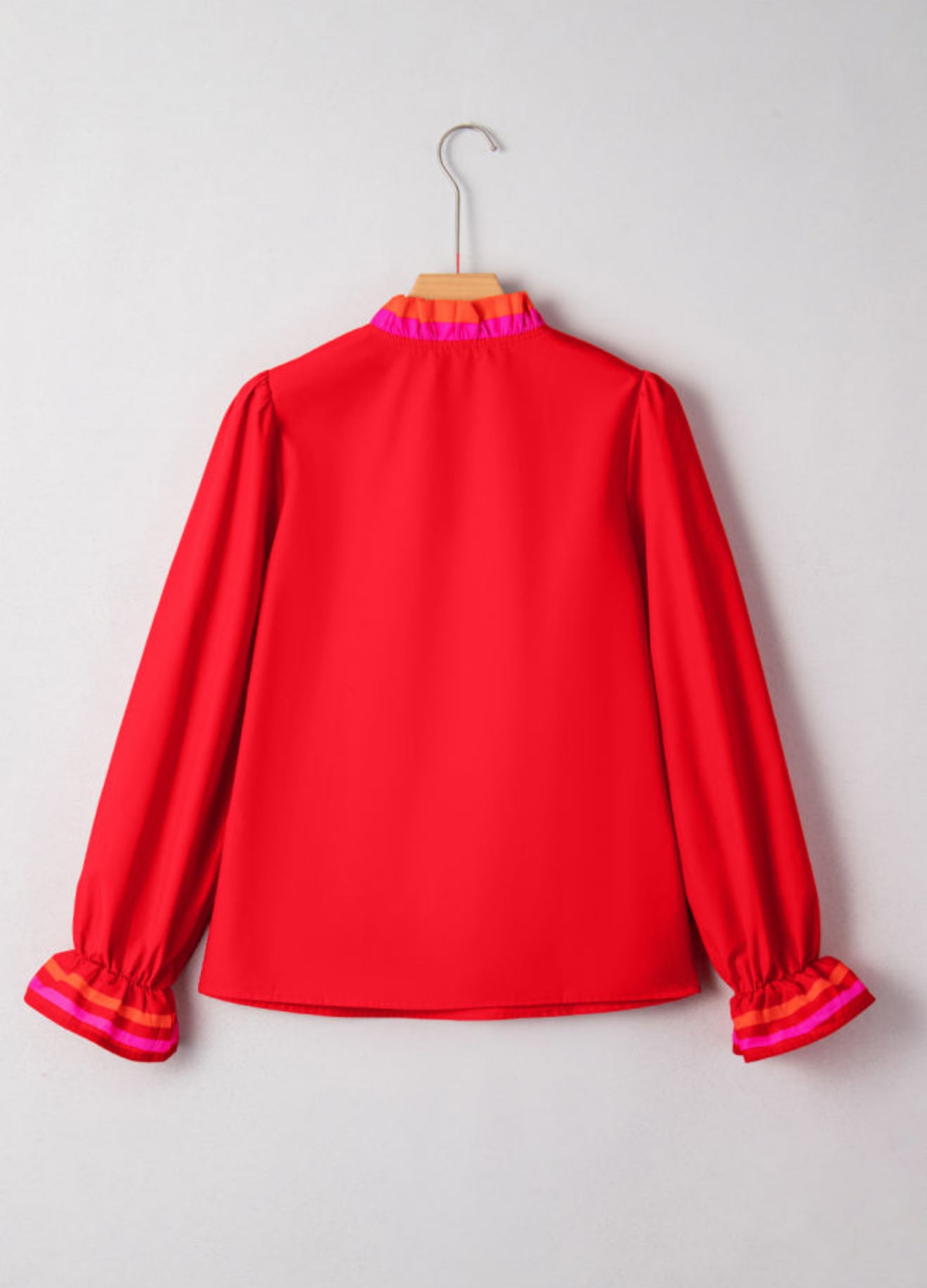 Fiery Red Striped Trim Ruffle Split Neck Long Sleeve Blouse - PREORDER