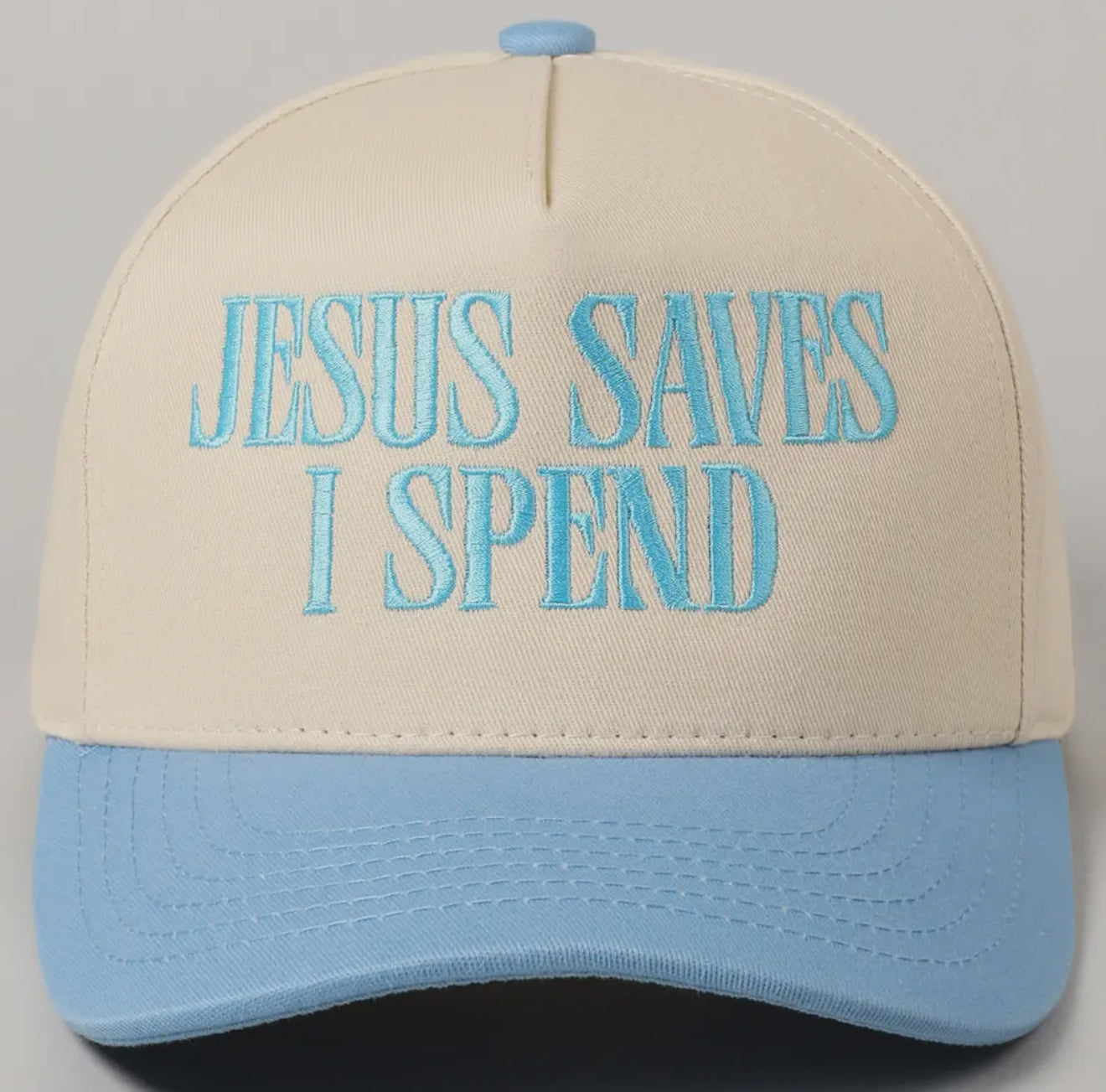Jesus Saves I Spend EmbroideryTrucker Hat - Sky Blue