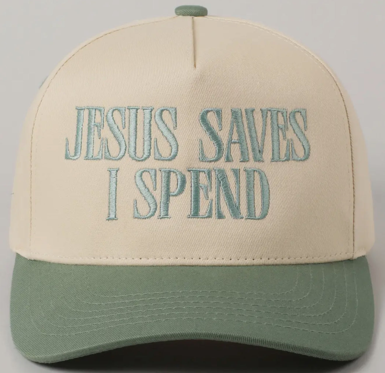 Jesus Saves I Spend EmbroideryTrucker Hat - Olive Green