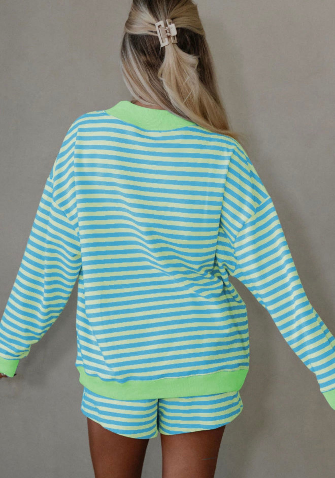 Green Stripe Color Block Detail Long Sleeve Pullover Elastic Waist Pull On Shorts 2pcs Set
