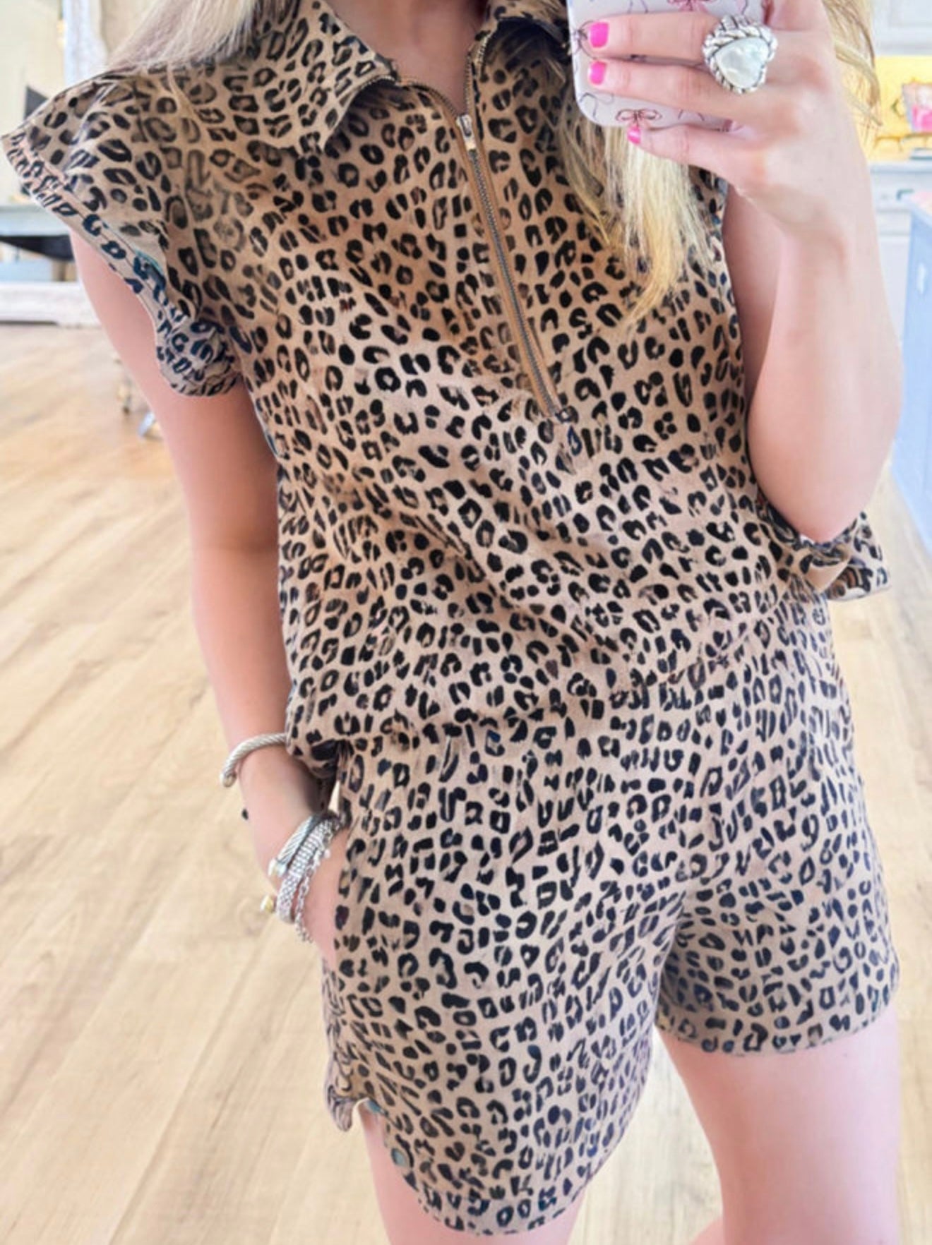 Brown Leopard Half Zipper Collared Ruffled Sleeve Top and Short Set - PREORDER