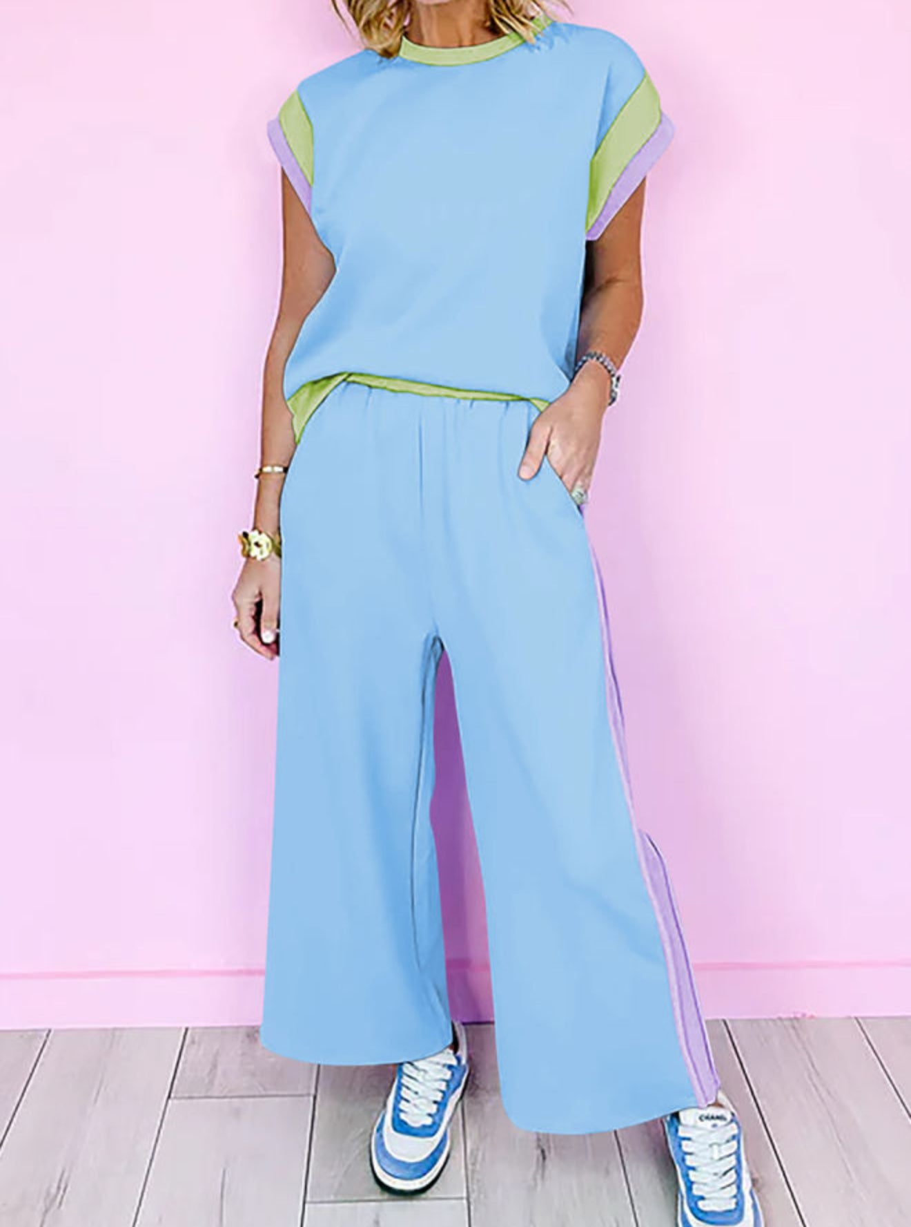 Sky Blue Color Block Detail Casual Two-piece Outfit