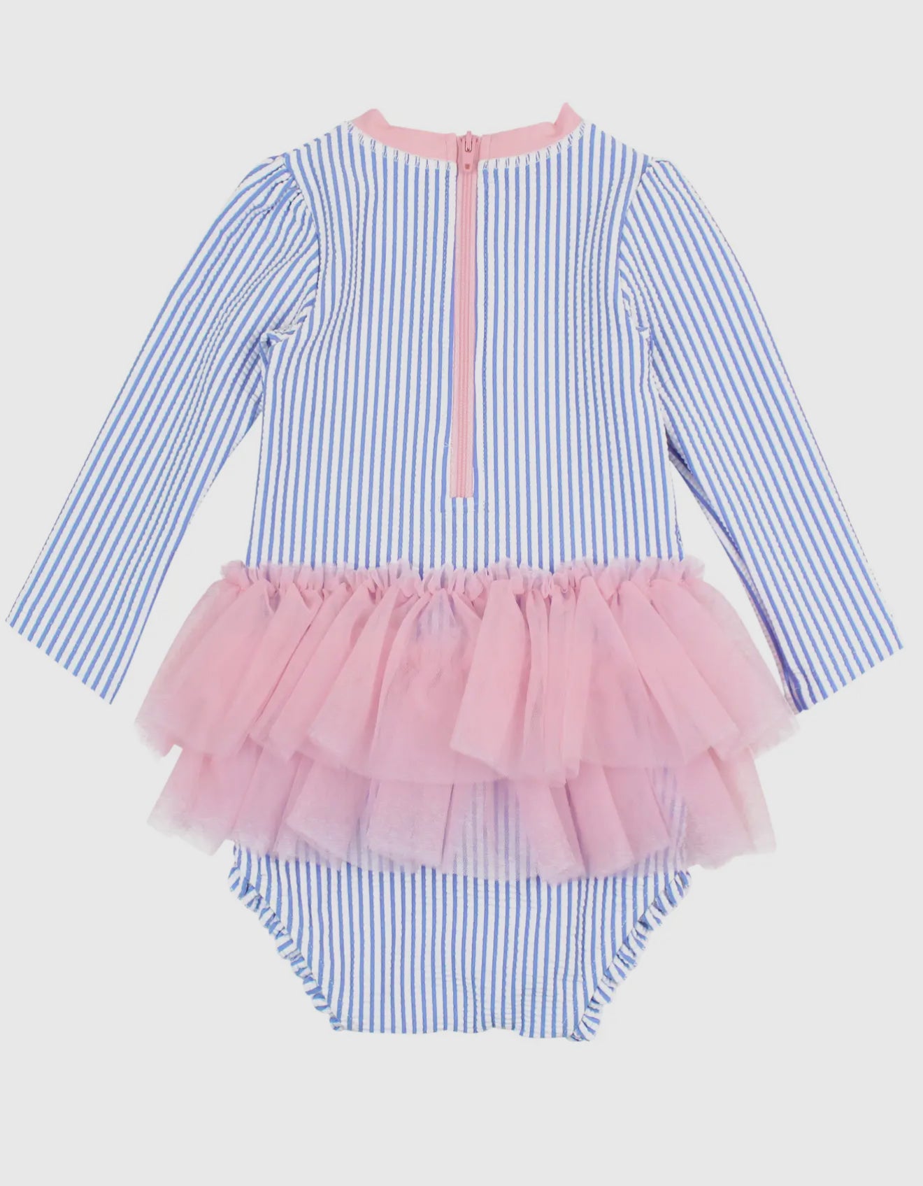 Baby Girls Periwinkle Blue Seersucker Tulle Skirted One Piece Rash Guard