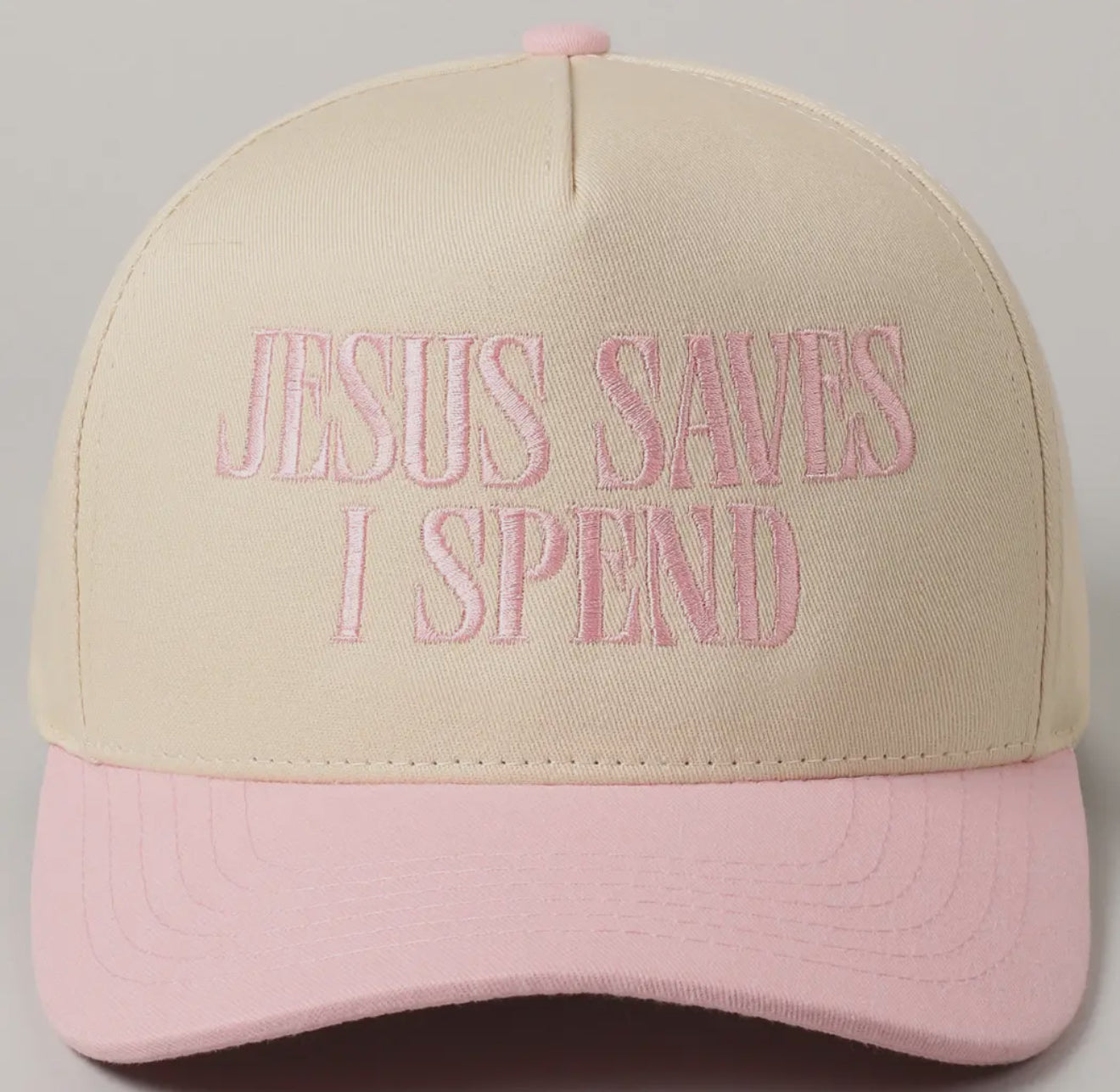 Jesus Saves I Spend Embroidery Trucker Hat - Light Pink