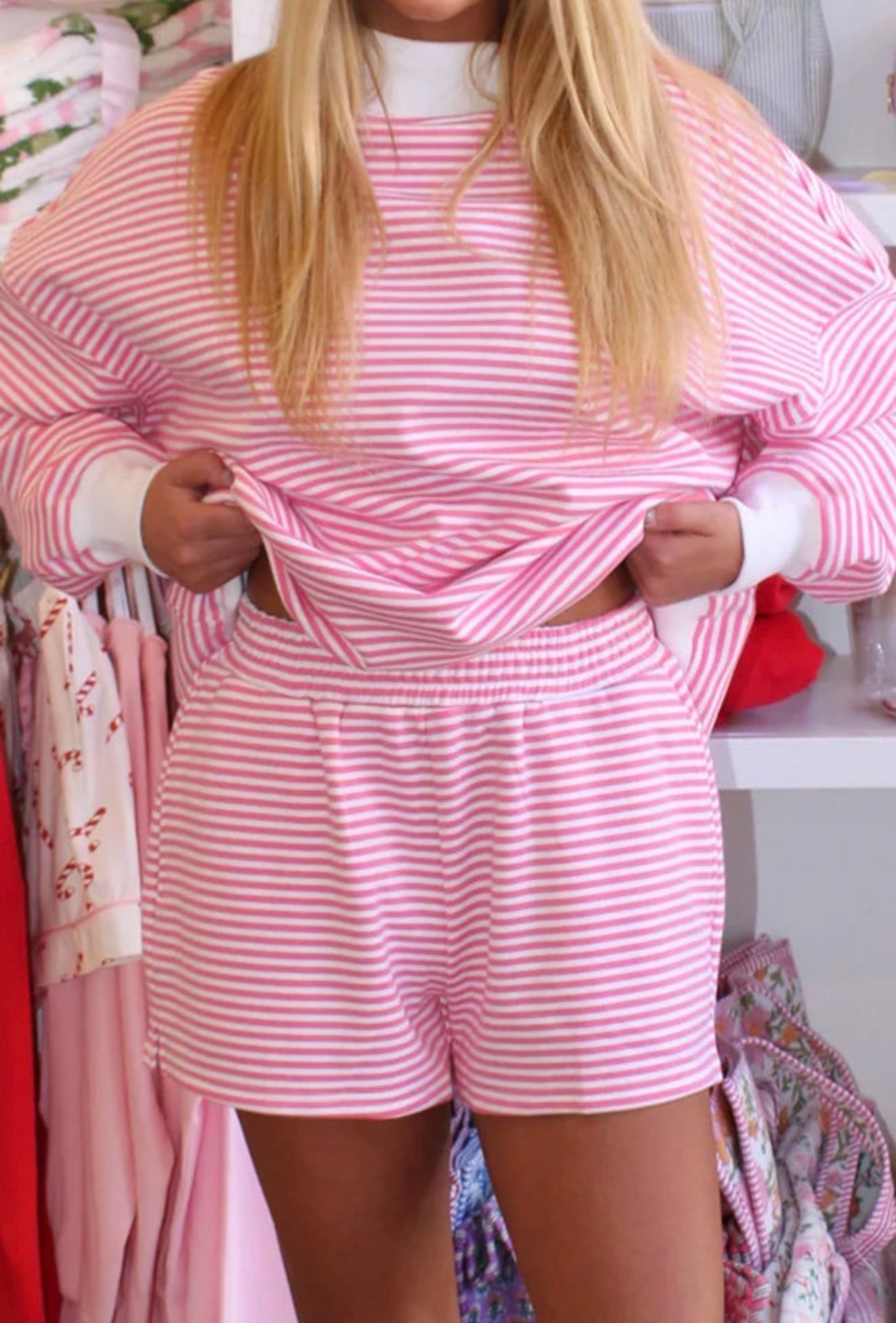 Hot Pink Stripe Oversize Mock Neck Sweatshirt and Shorts Set