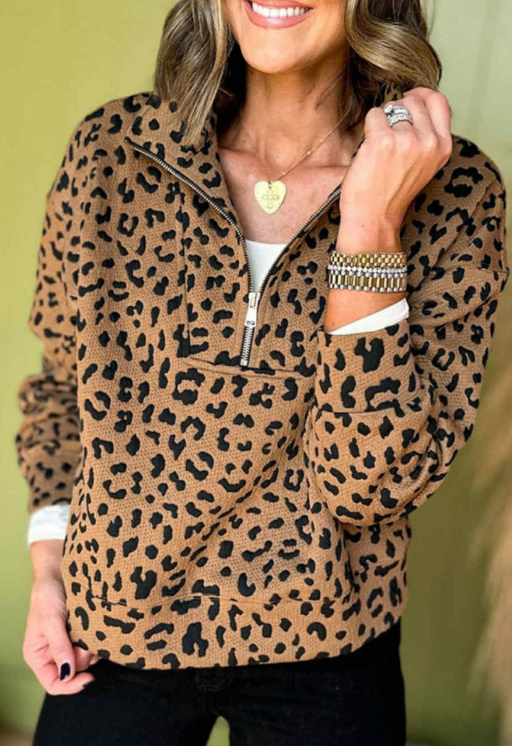 Brown Leopard Print Quarter Zip Sweatshirt - PREORDER
