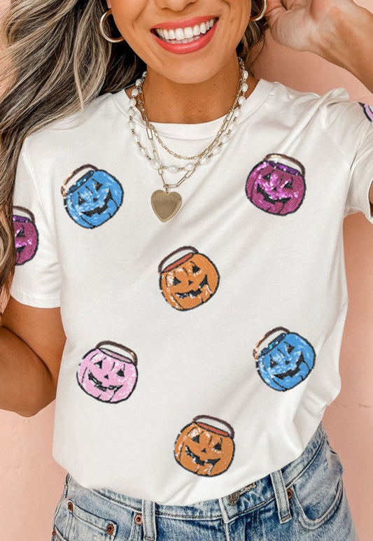 White Sequin Pumpkin Face Patched Crew Neck Holiday T Shirt