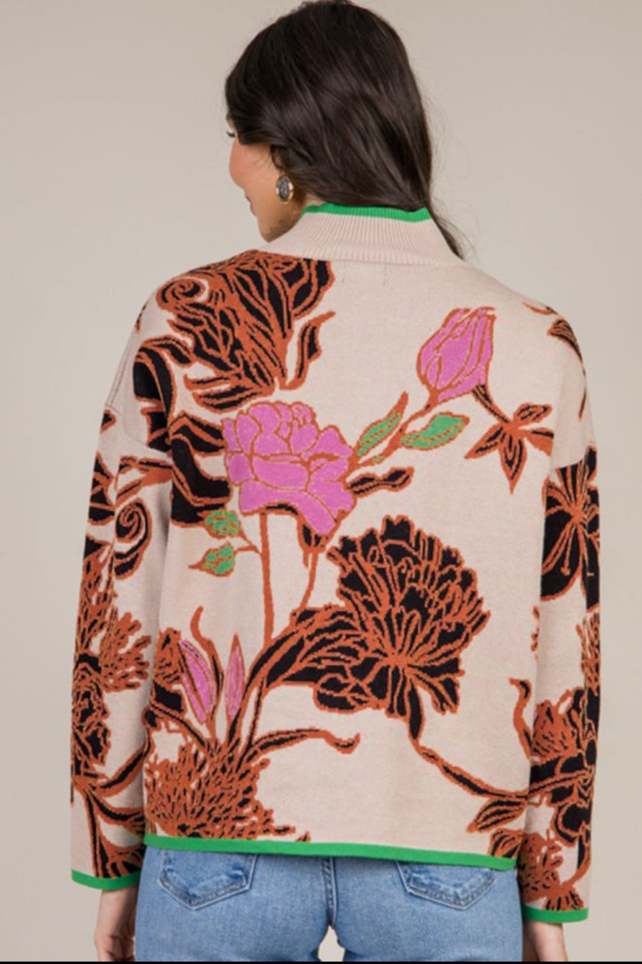 Khaki Floral Pattern Knit Quarter Zip Stand Neck Sweater - PREORDER