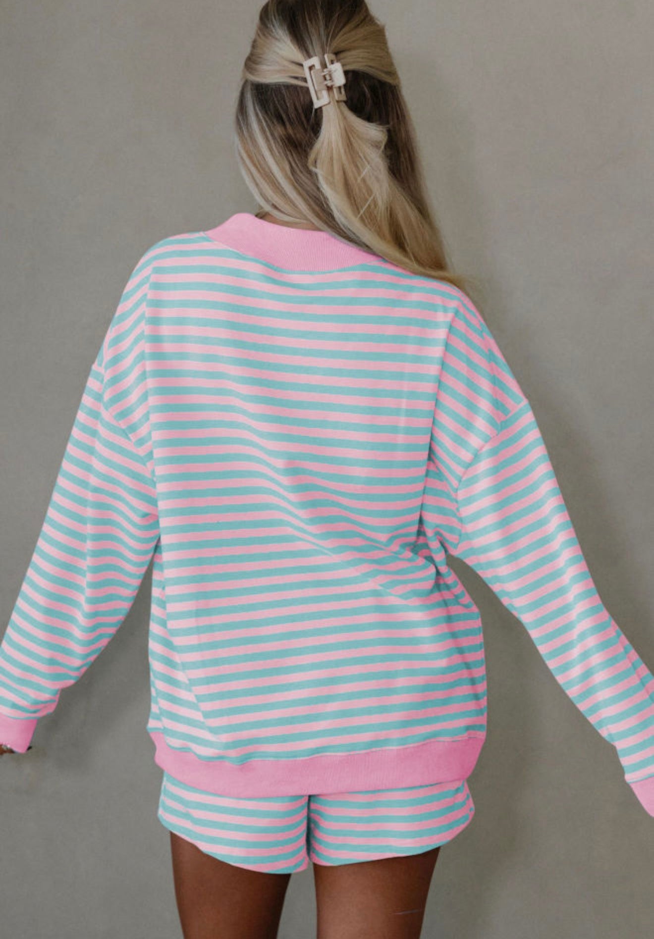 Pink Mock Stripe Color Block Detail Long Sleeve Pullover Elastic Waist Pull On Shorts 2pcs Set