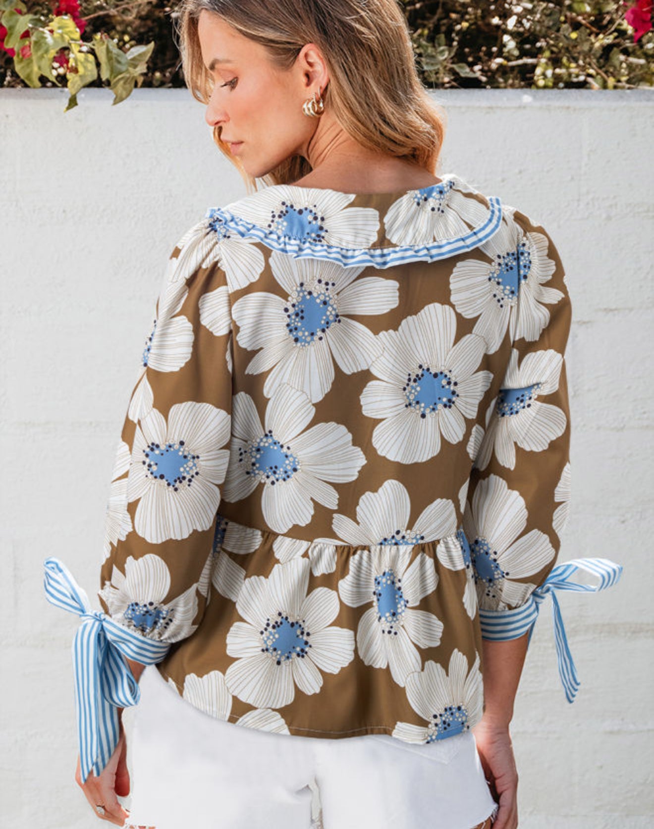 Brown Floral Print Striped Tie SleeveCollared V Neck Blouse