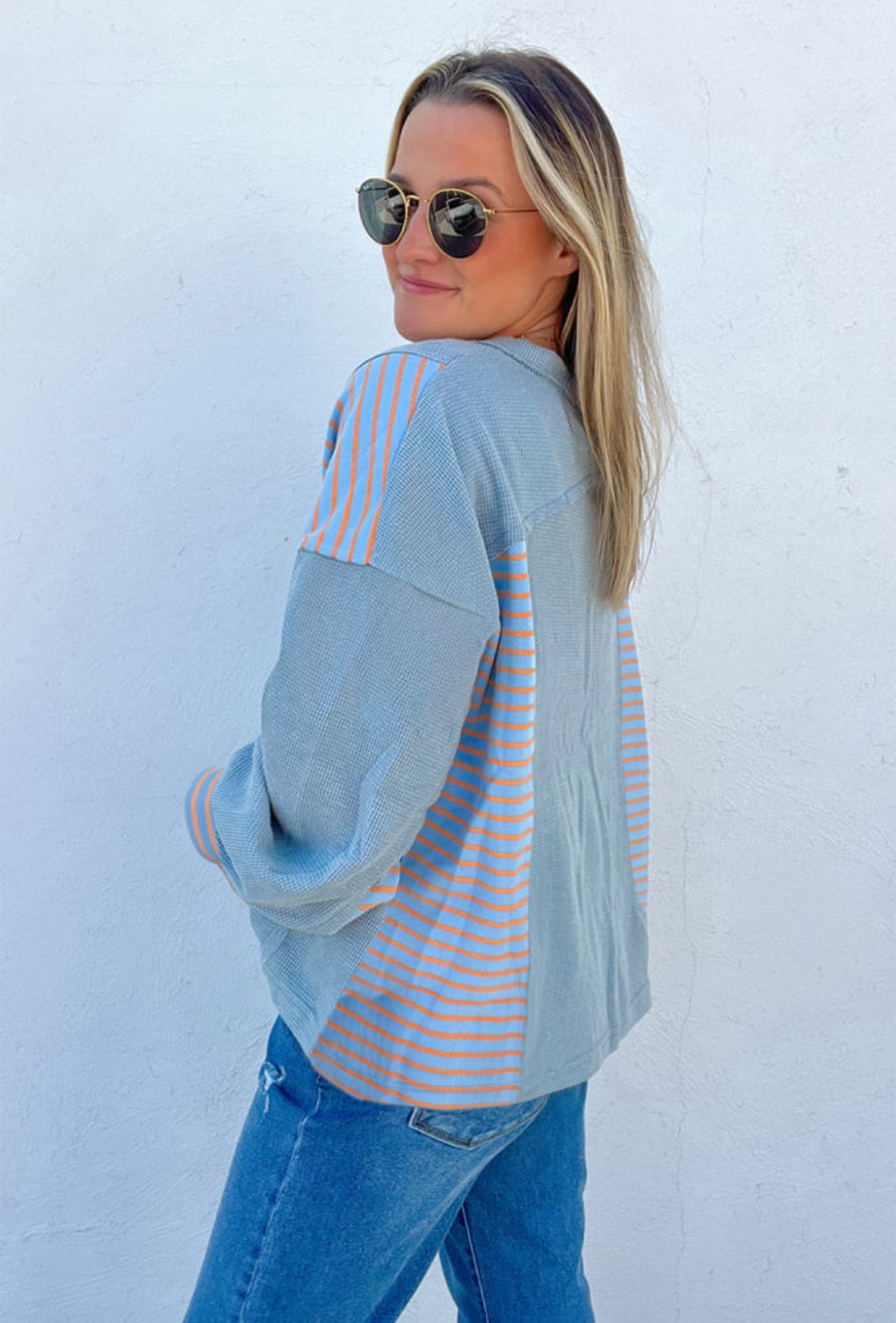Dusk Blue Exposed Seam Waffle Striped Patchwork Baggy Pullover - PREORDER