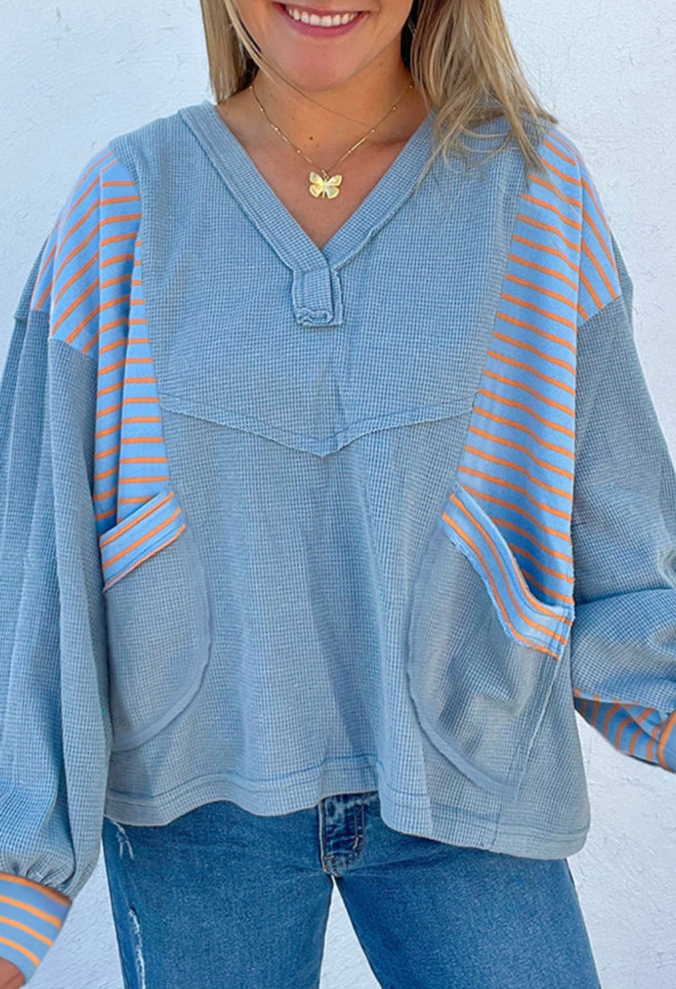 Dusk Blue Exposed Seam Waffle Striped Patchwork Baggy Pullover - PREORDER