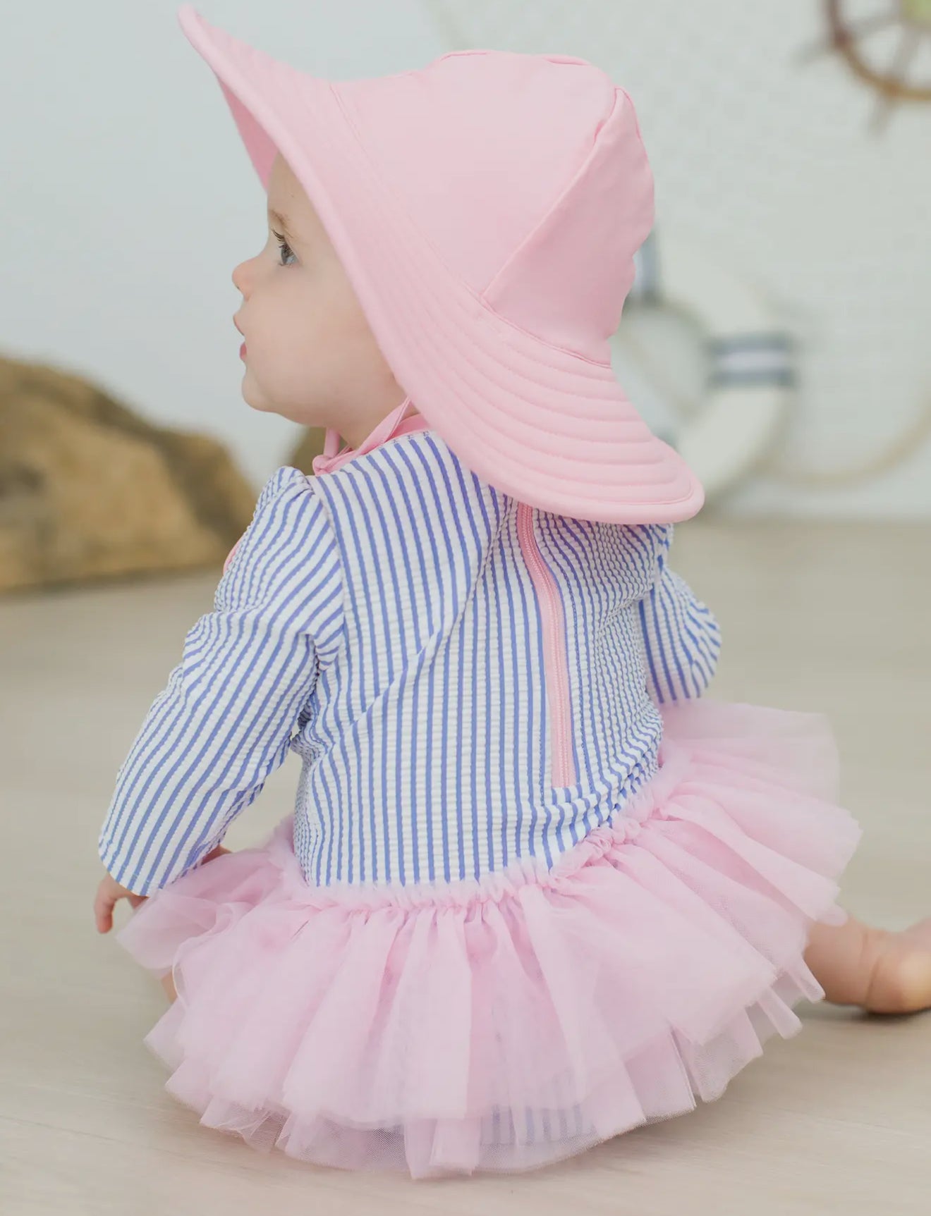 Baby Girls Periwinkle Blue Seersucker Tulle Skirted One Piece Rash Guard