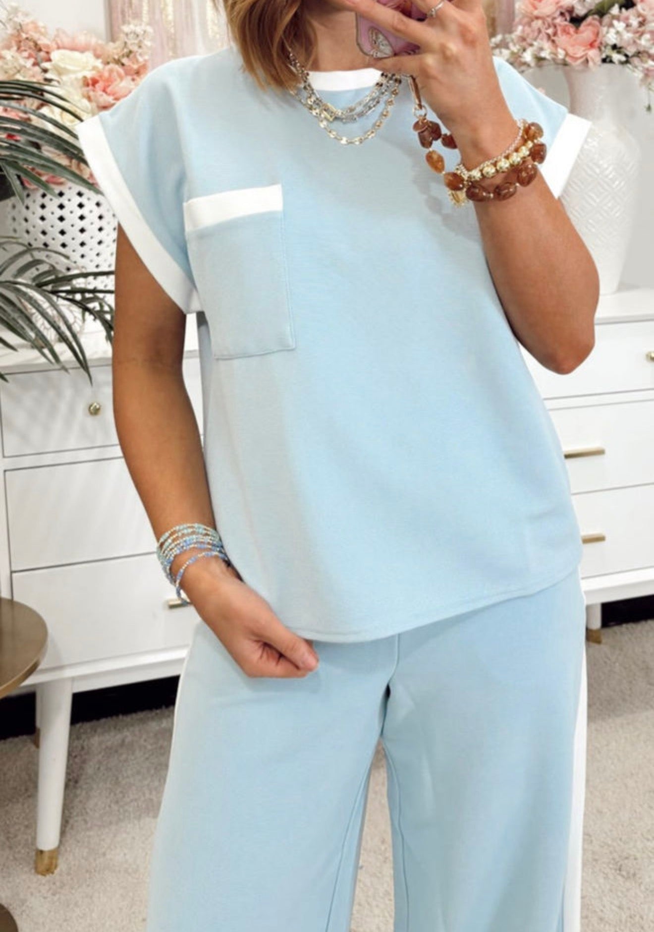 Mist Blue Contrast Trim Round Neck Pocketed Boxy Tank Top Wide Leg Pant Set