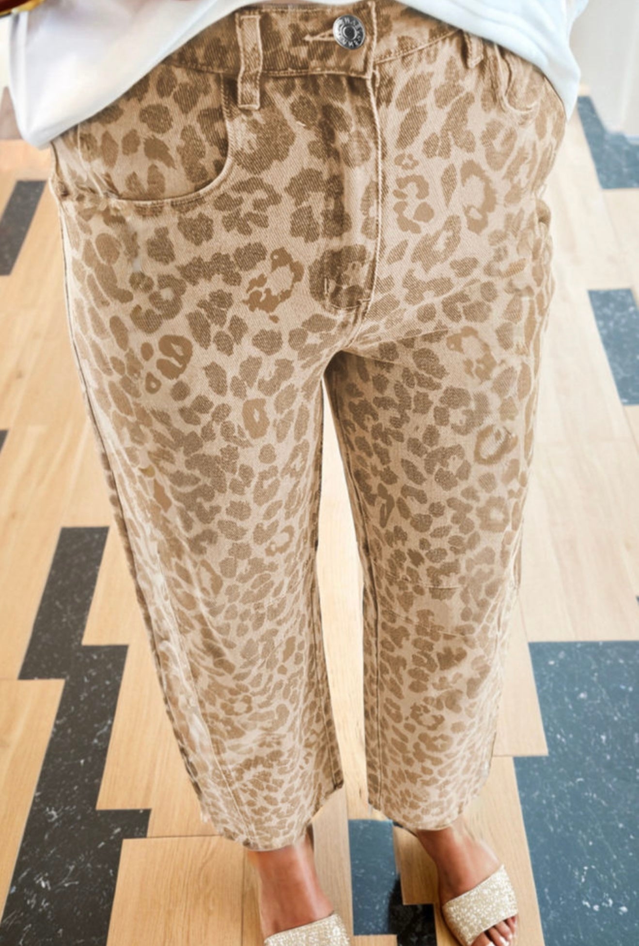 Khaki Leopard Print Straight Loose Jeans