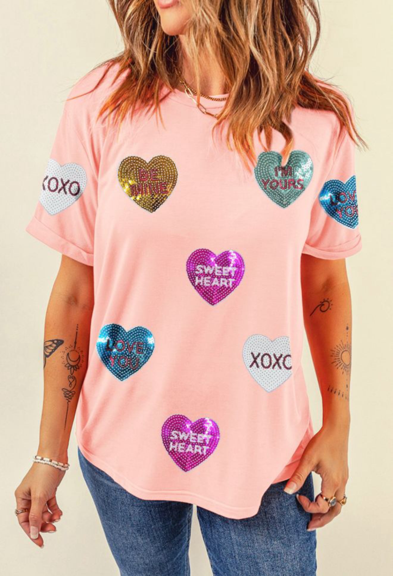 Pink Sequin Valentines Lettering Heart
Patched Crewneck T Shirt