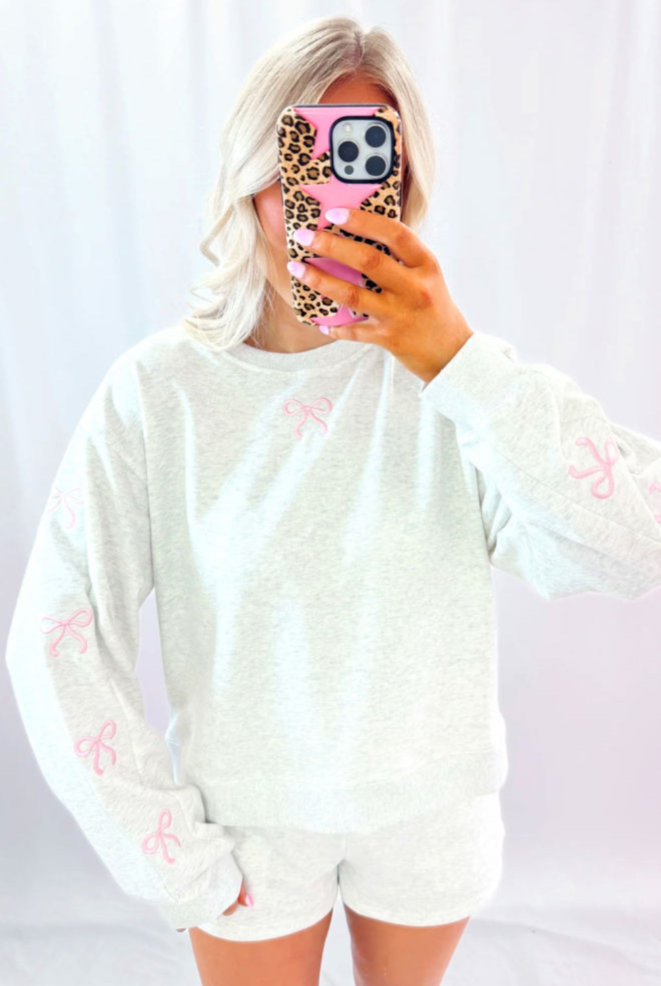 Light Grey Girly Bow Embroidered Detail Puff Sleeve Pullover 2pcs Short Set - PREORDER