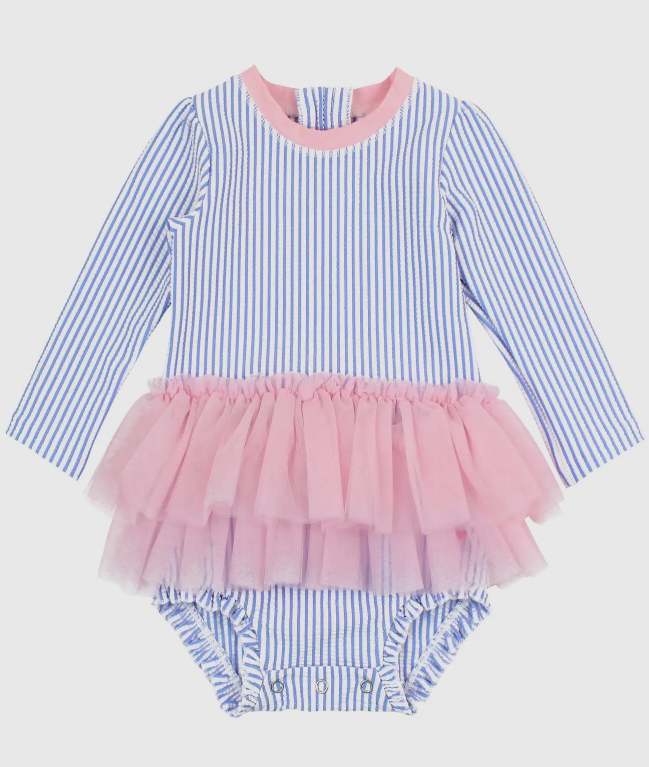 Baby Girls Periwinkle Blue Seersucker Tulle Skirted One Piece Rash Guard