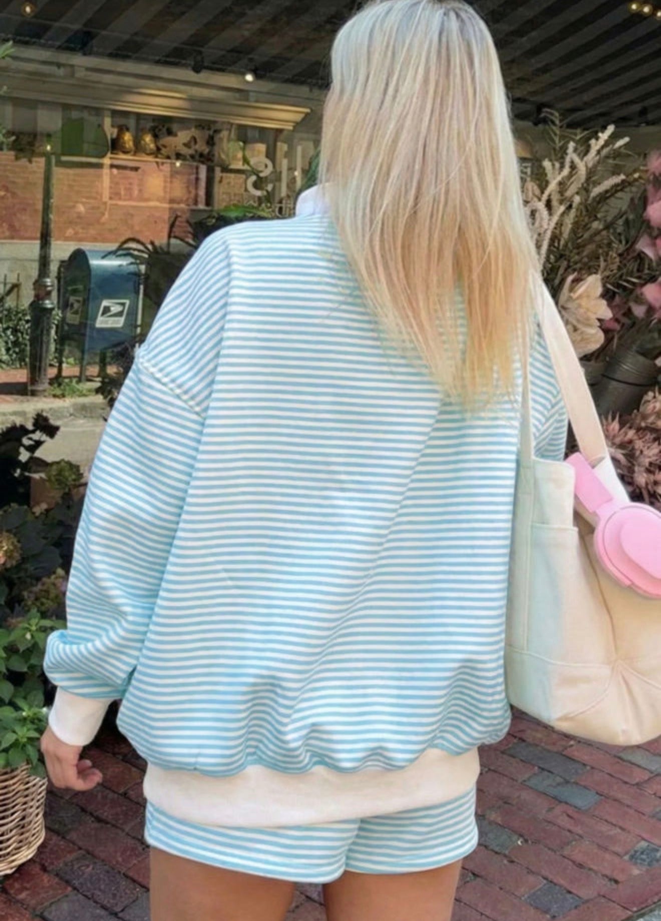 Sky Blue Stripe Oversize Mock Neck Sweatshirt and Shorts Set