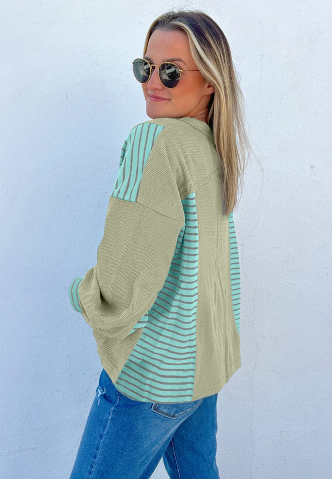 Meadow Mist Green Exposed Seam Waffle Striped Patchwork Baggy Pullover - PREORDER